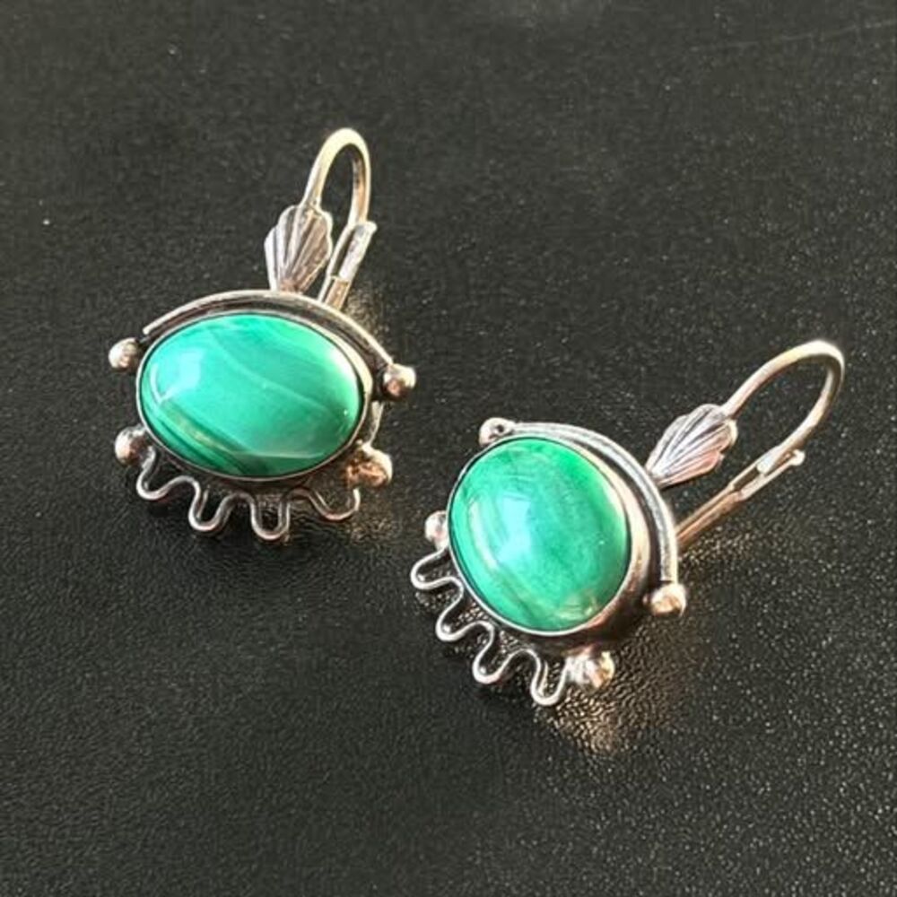 Taxco Mexico Sterling Silver Malachite Earrings | Vintage Artisan Earrings